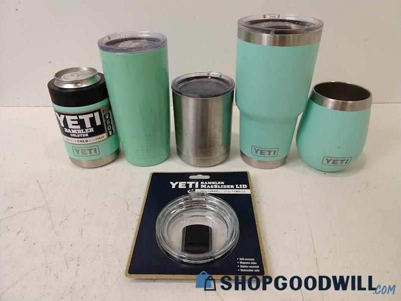 ID15 6pc Yeti Travel Cups/Tumblers/Can Cozy/Lid Teal/Blue/Grey Metal/Plastic 