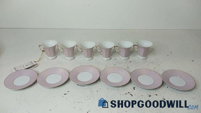 12pc Italian Design Porcelain Fine Porcelain Pale Pink Feathers Tea Cup Saucers 