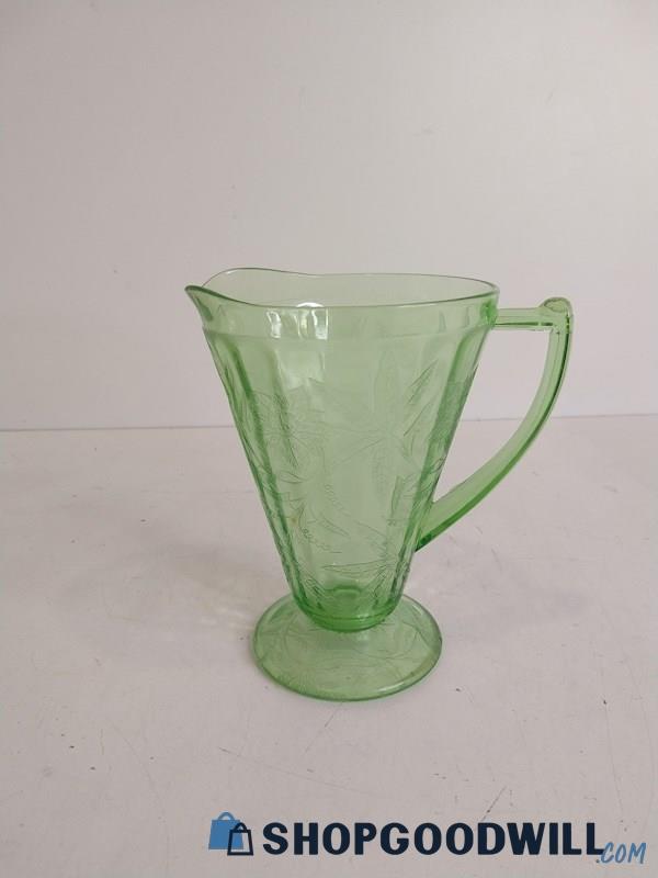 Appears To Be Uranium Green Glass Pitcher Poinsettia Hand Blown Pressed & Molded