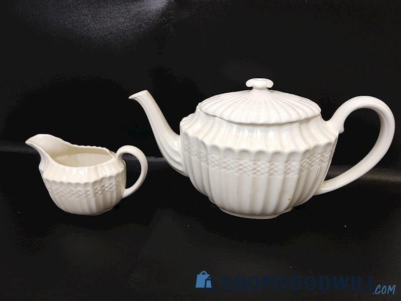 2pc Spode Chelsea Wicker Lidded Teapot & Creamer Ceramic White Tea Accessories