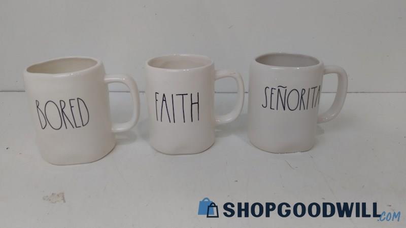 Set of 3 Rae Dunn by Magenta Coffee Mugs - Bored, Faith & Senorita 
