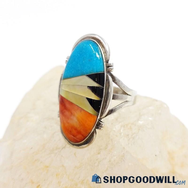 .925 Signed WH Multi-Stone Inlay Southwest Style Ring Size 8 1/2, 4.84 Grams