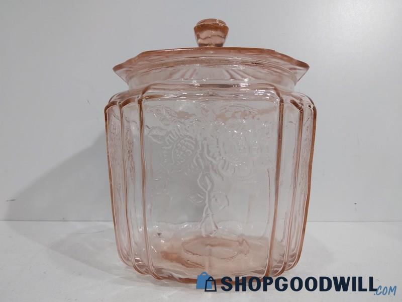 Anchor Hocking Pink Depression Glass Biscuit Cookie Jar Mayfair Open Rose w/Lid