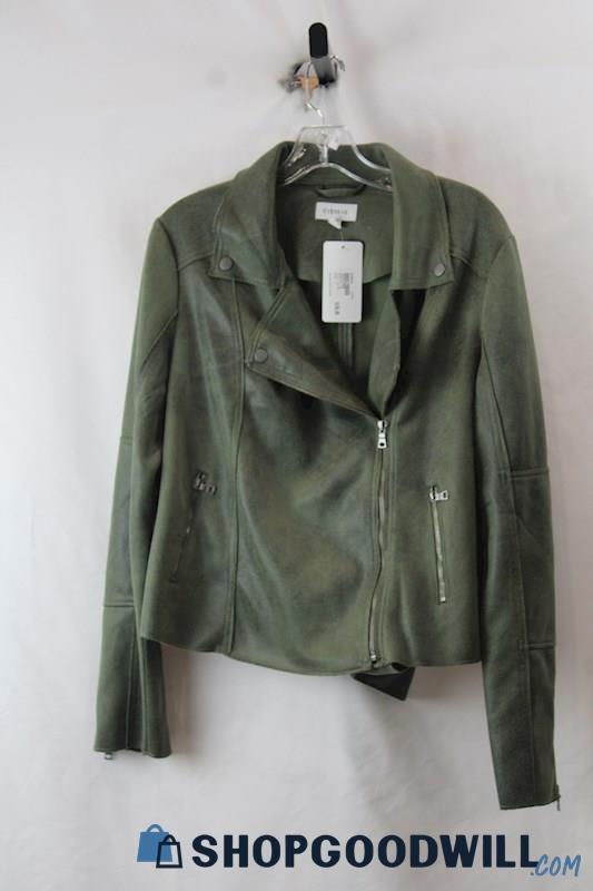 NWT Evereve Women's Olive Green Faux Suede Zip Up Moto Jacket SZ L