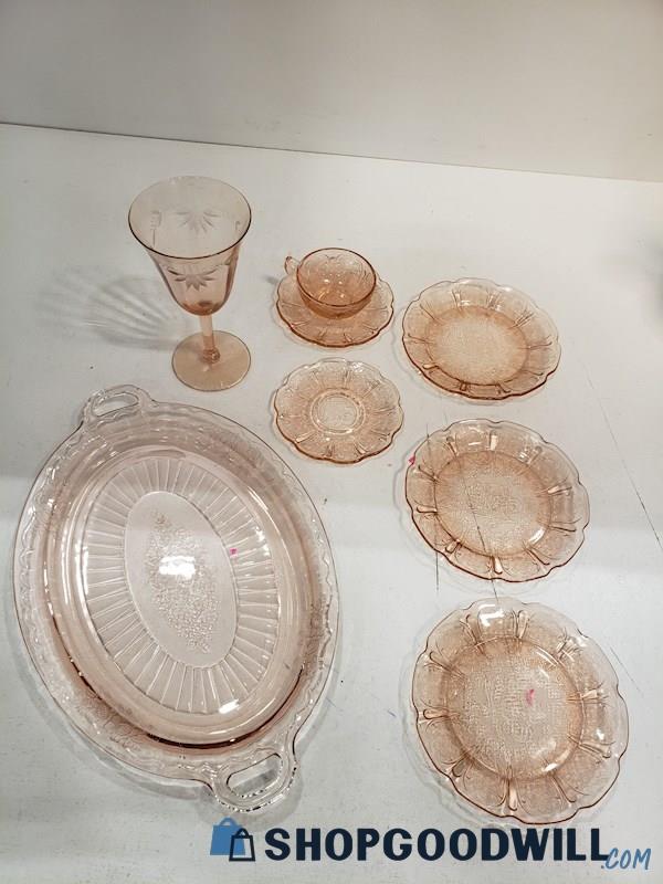 8pc Mixed Brand Vintage Pink Glass Serving Platter, Plates, Saucer, Cup & Goblet