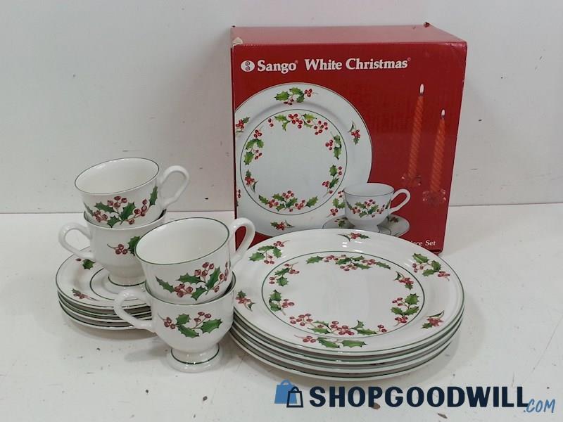 12PC Dinnerware Sango White Christmas 4EA Cups/Saucers/Dinner Plates IOB