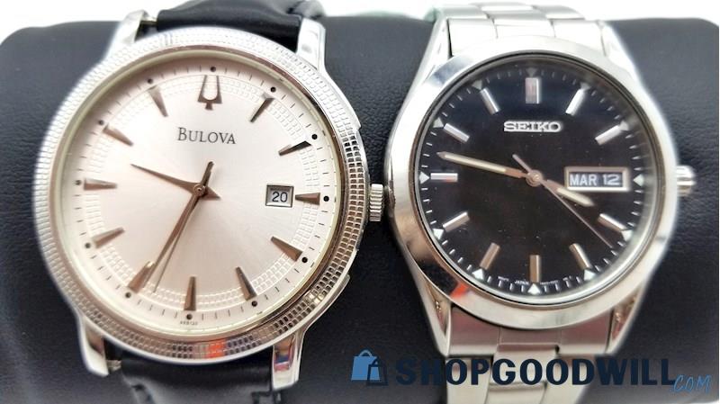 Men's Black SEIKO & Silver BULOVA Date/ Time Watches #7N43-9070 & C860839