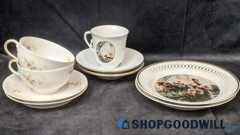 9pcs Vintage Copenhagen Denmark Porcelain Plates & Teacups + Haviland France
