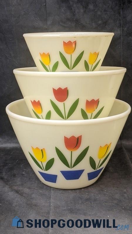 3pcs Fire King Red & Yellow Tulip Nesting Mixing Bowls Set Floral Kitchenware