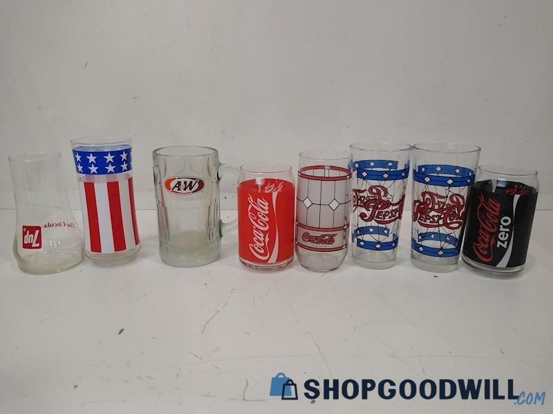 8 PC Mixed Coca- Cola & More Glass Cups - Appears VTG 