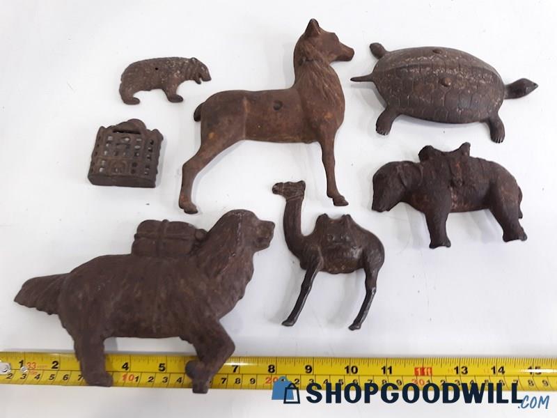 Antique Lot of Cast Iron Metal Animal Flat Emblems / Decorative Figurines