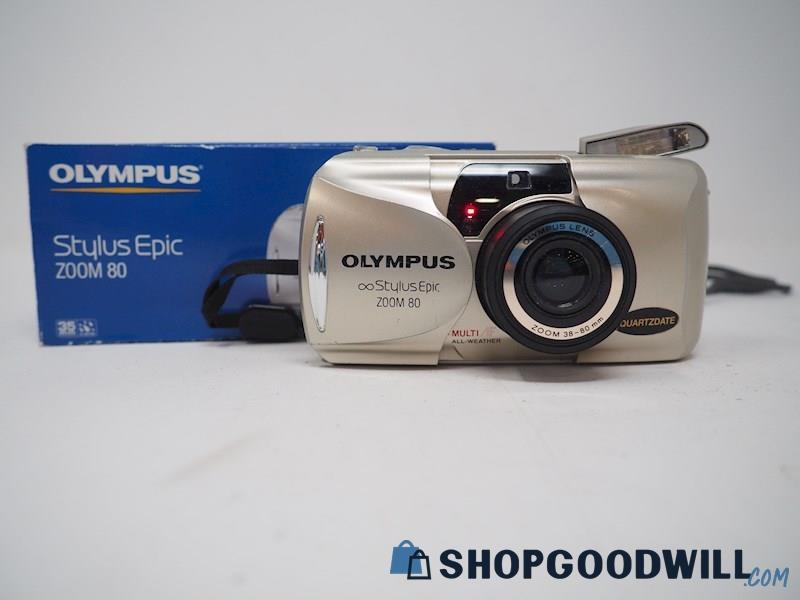 IOB Olympus Stylus Epic Zoom 80 35mm Point & Shoot Film Camera *Powers ON*