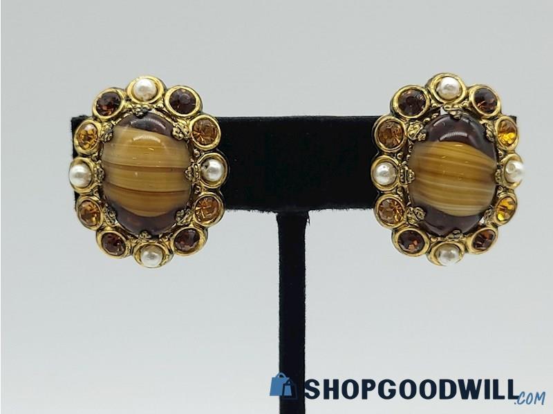 Vintage W. Germany Brown Porphyry Glass & Rhinestone Clip-On Earrings 