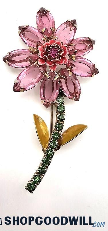Vintage Alice Caviness Pink & Green Rhinestone Enamel Flower Brooch