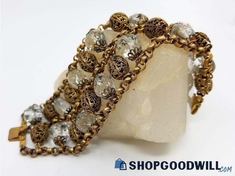 Vintage Gold-Tone 2-Row Crystal & Filigree Bracelet 