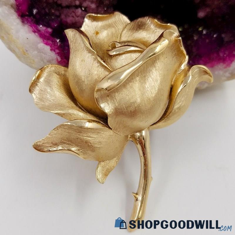 Vintage CROWN TRIFARI Gold-Tone Dimensional Rose & Stem Brooch 