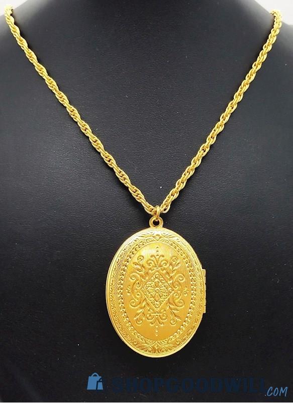 Vintage CROWN TRIFARI Gold-Tone Locket Pendant Necklace 