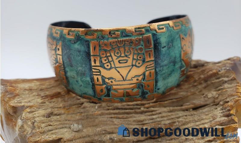 Painted Copper Aztec / Mayan Style Cuff Bracelet