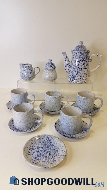 14pc Teaset Grey/Speckled-Blue Ceramic Teapot Cream/Sugar Cups/Mugs Saucers
