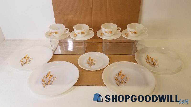 13pc Fire-King Wheat Ovenware Dishes Plates Teacups Saucers White/Yellow/Grey