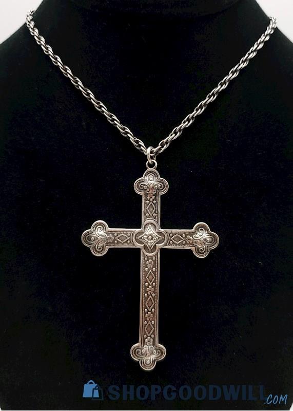 .925 Vintage Ornate Cross Necklace 33.21 Grams