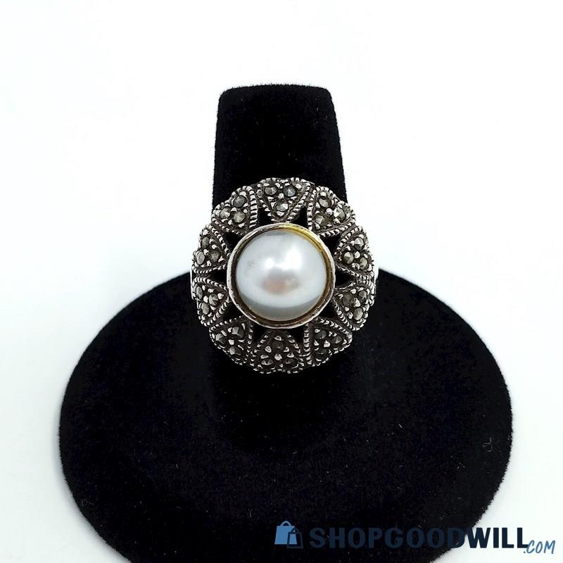 .925 Vintage Faux Pearl & Marcasite Ring Size 7 3/4, 6.39 Grams