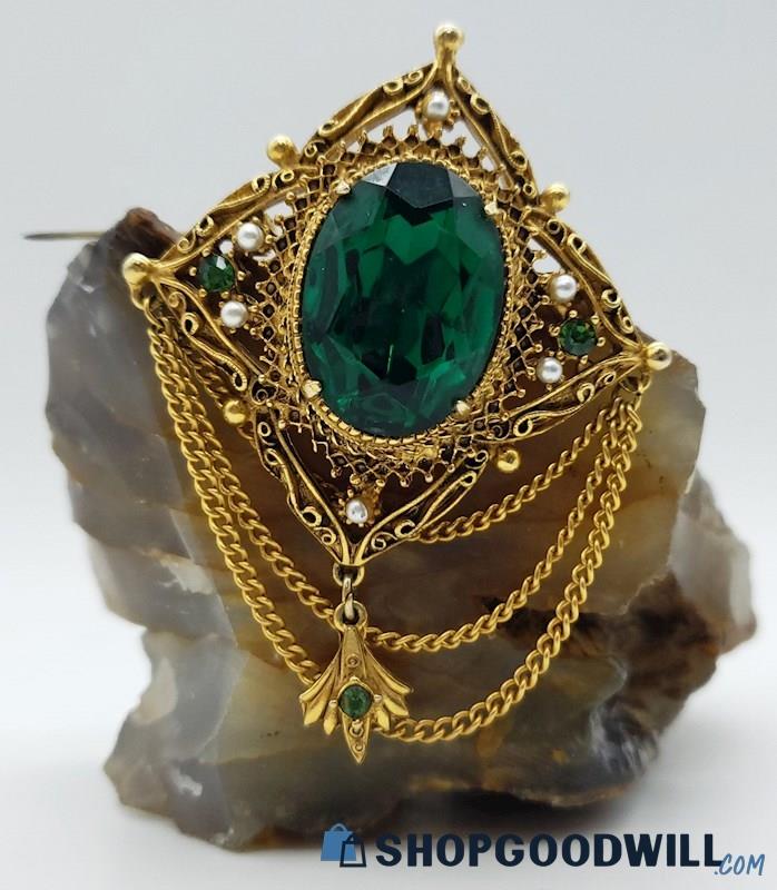 Vintage FLORENZA Faux Emerald Gold Tone Brooch