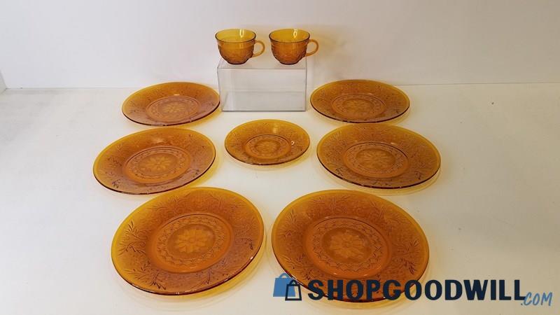 9pc Amber-Yellow Floral Glass Dishes Dinner/Dessert Plates Teacups Indiana-Style