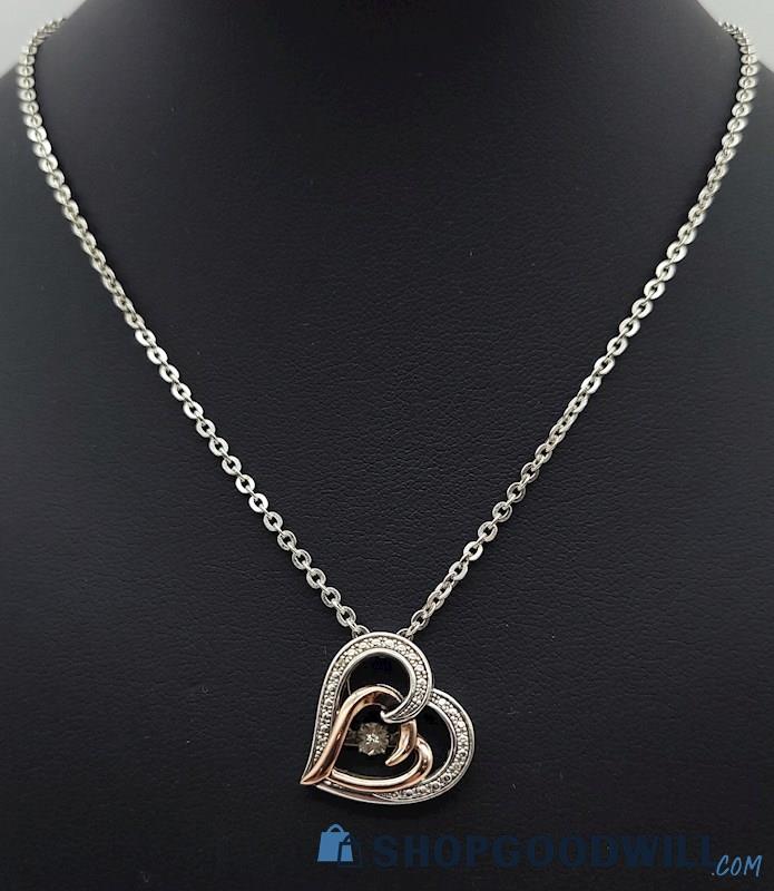 .925/10K Diamond Accent Two-Tone Heart Necklace Signed 
