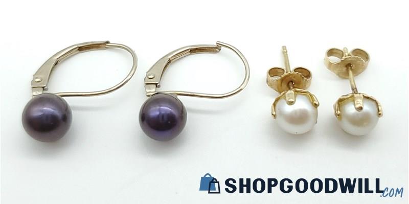 14K Yellow & White Gold Cultured Pearl Earrings (2 Pairs) 2.33 Grams