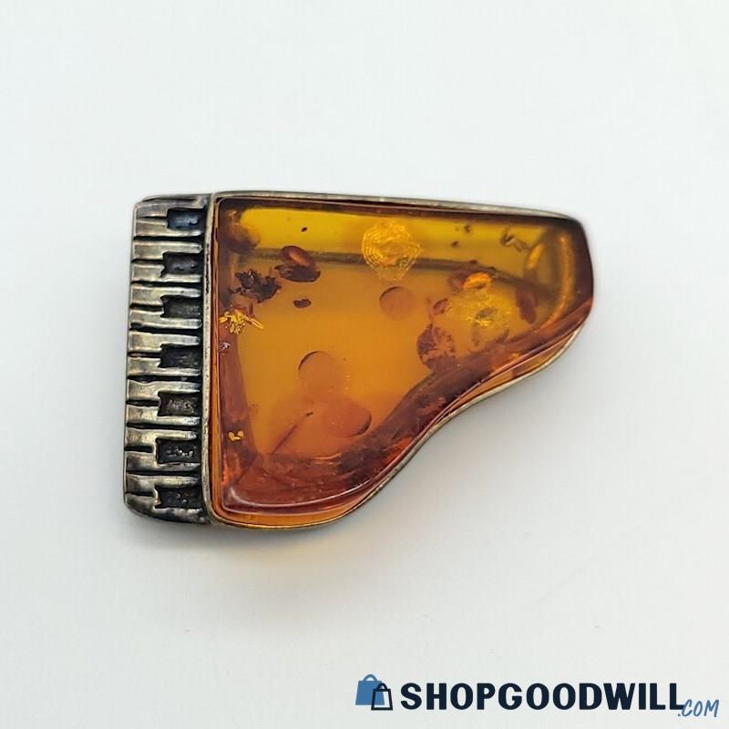 .925 Carved Amber Piano Brooch 6.22grams