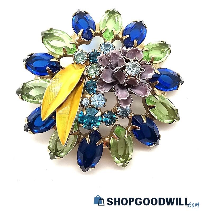 Vintage Alice Caviness Blue & Green Rhinestone & Enamel Flower Brooch