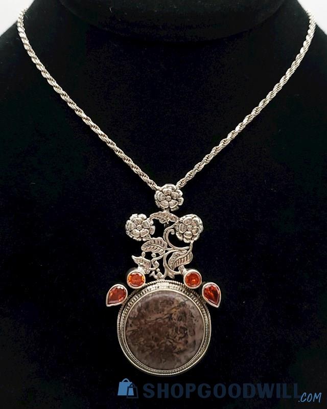 .925 Jasper & Garnet Decorative Pendant Necklace 29.36 Grams