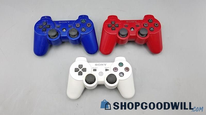  Playstation 3 Wireless Controllers Lot of 3 Red/White/Blue