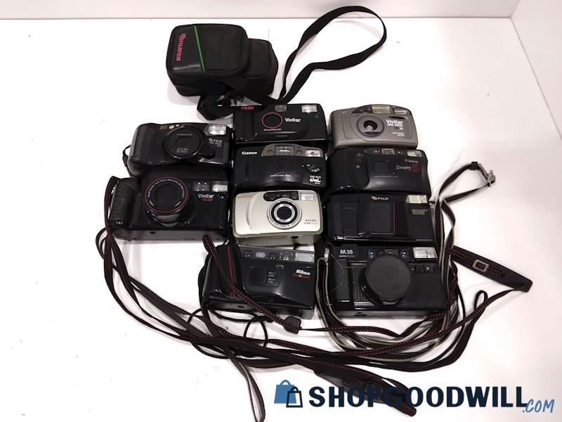 Lot of 10 Nikon, Samsung, Vivitar & More 35mm Film Point & Shoot Camera