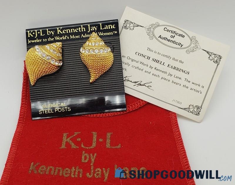 Vintage KENNETH JAY LANE KJL Rhinestone Conch Shell Earrings IOB