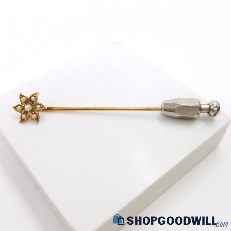 14K YG Vintage Seed Pearl Flower Stick Pin 1.09 Grams