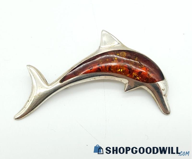 .925 Amber Dolphin Brooch 11.49grams
