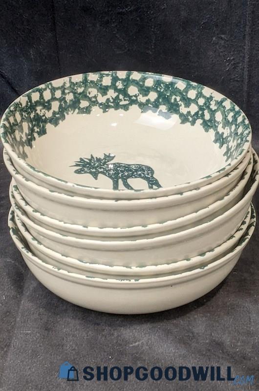 6pcs Green & Eggshell Tienshan Folk Craft Moose Country Soup Bowls Kitchenware