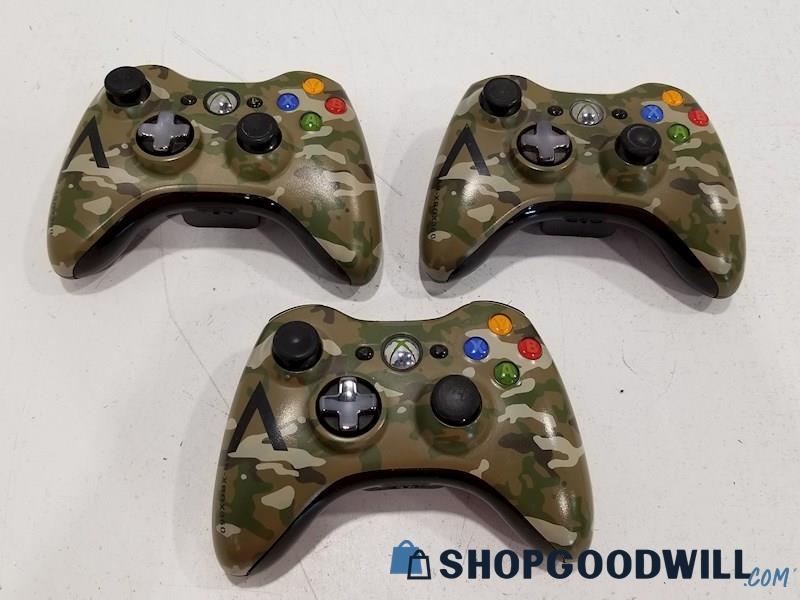 3pc Lot Green Camo XBOX 360 Wireless Controllers - POWERS ON