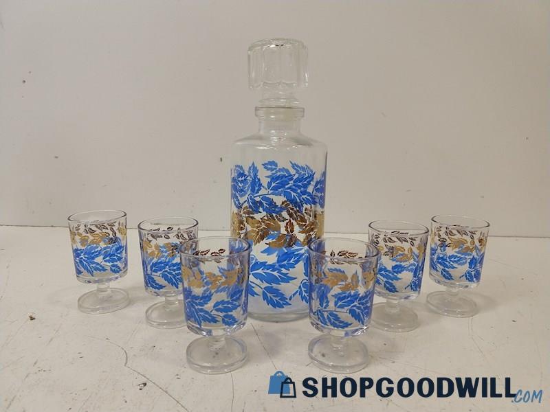 7pc Decanter & Shot Glasses Blue/Gold Colored Leaf Pattern Barware UNBRANDED