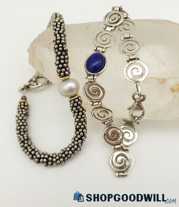 .925 Lapis Greek Spiral & Cultured Pearl Beaded Bracelets (2) 30.60 grams