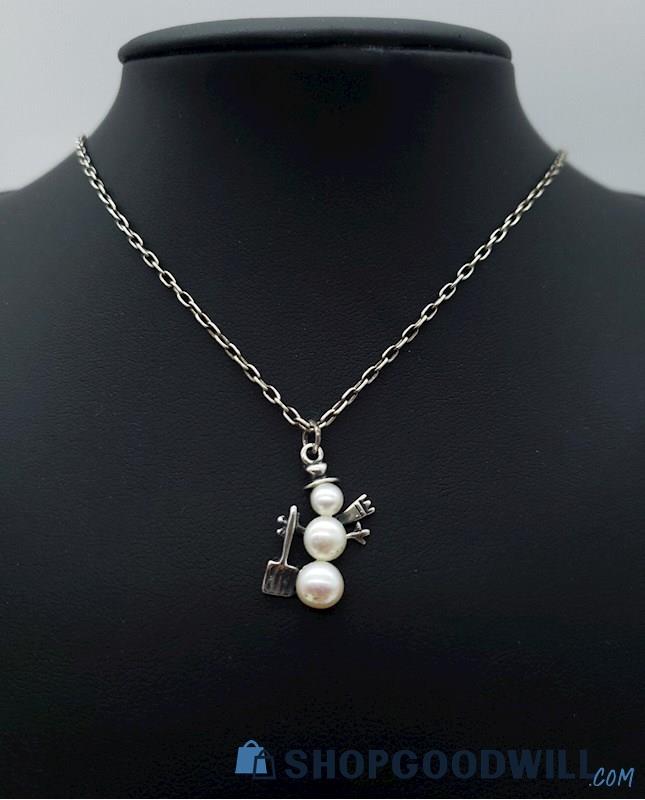 .925 Cultured Pearl Snowman Pendant Necklace 4.20 grams