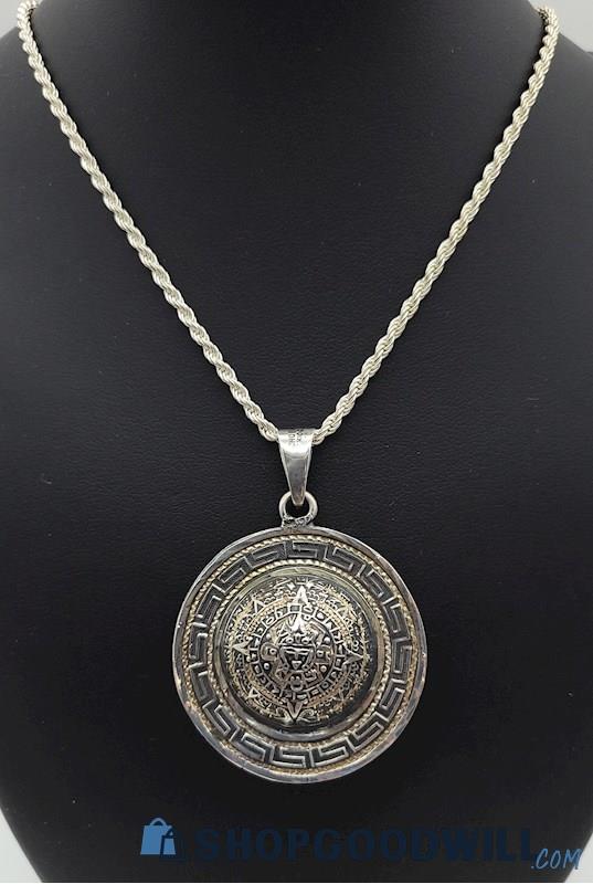 .925 Aztec Myan Calendar Two-Sided Domed Pendant Necklace 25.18grams