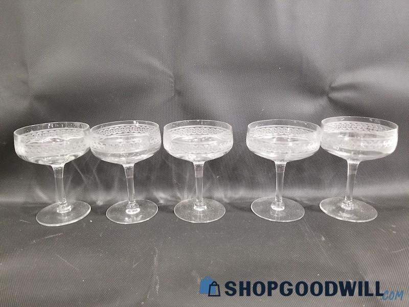 5pc Wine/Champagne Etched Coupe Glasses Glassware Clear Glass UNBRANDED