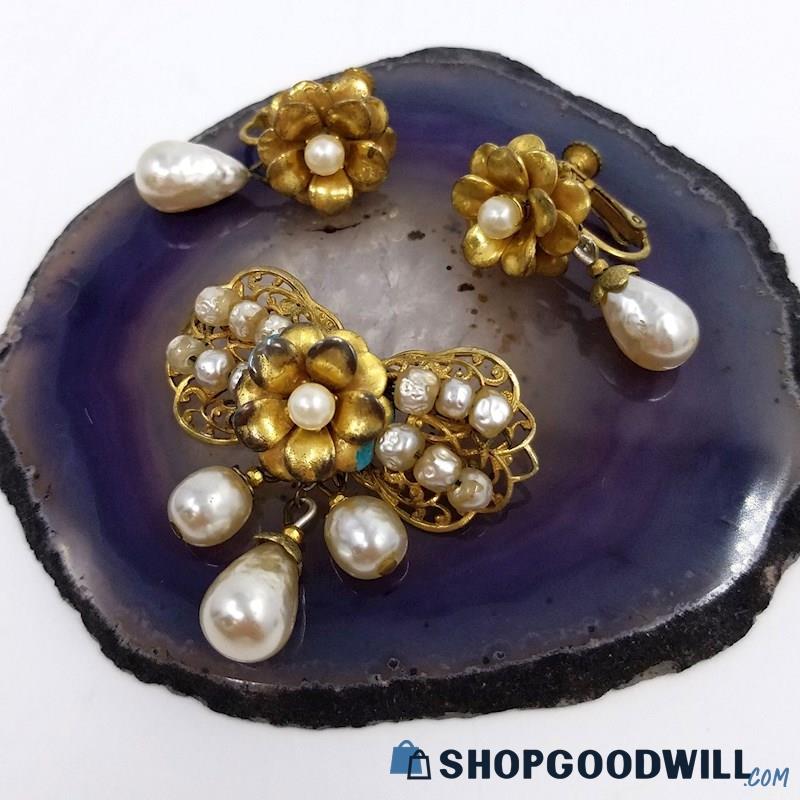 Vintage MIRIAM HASKELL Faux Pearl Flower Theme Clip-On Earrings & Brooch Set 