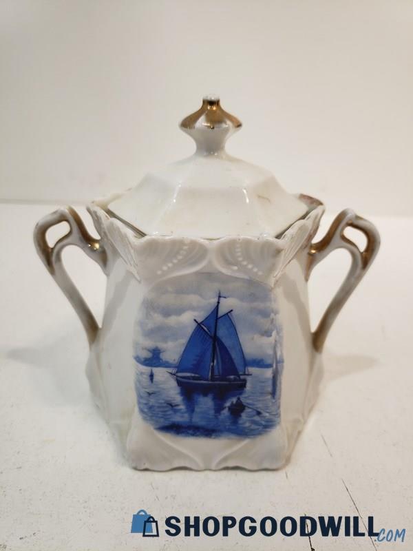 Unbranded Germany Porcelain Sugar Bowl Dish W/ Lid Sailboat Design White & Blue