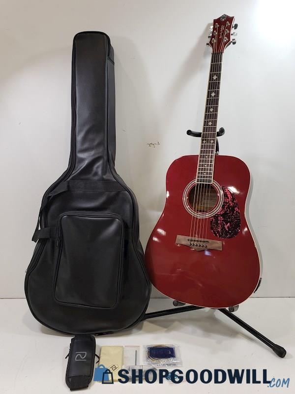 Randy Jackson Studio Series Red Electric Acoustic Guitar W/ Case & More