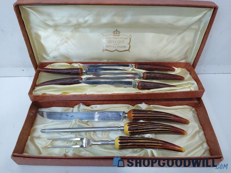 8PC Sheffield Crown Crest Stainless Steel Faux Stag Horn Cutlery Set - VTG 1960s