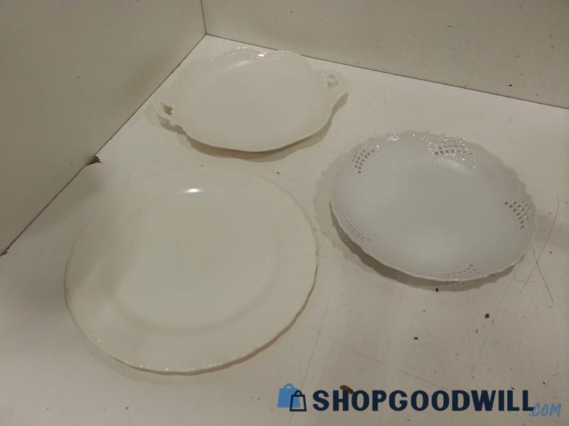 Three Unbranded White China Plates w/ Elegant Designs